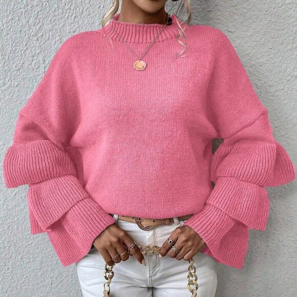 Pink Casual Women's Round Neck Patchwork Ruffle Flare Sleeve Sweater - Picture 6 of 6